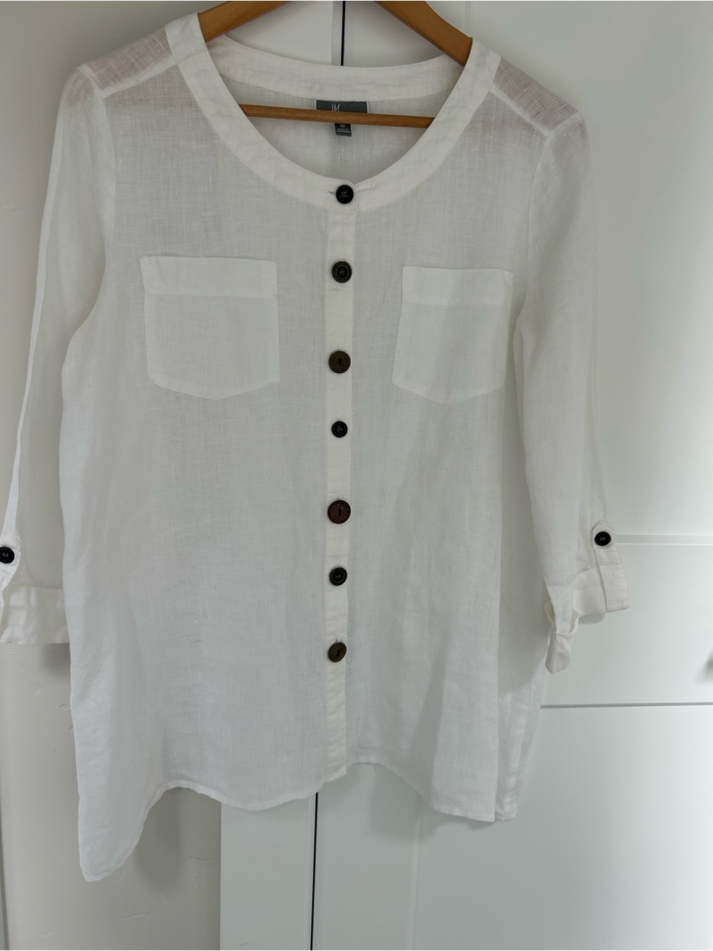 JM Collection White Button-Front 100% Linen Shirt with Patch Pockets